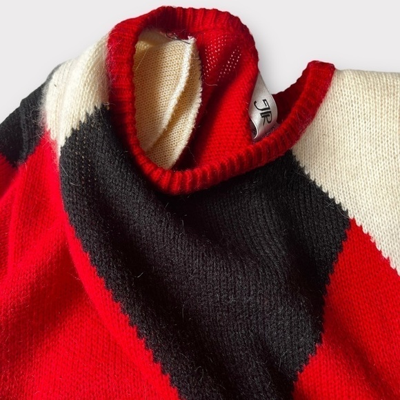 Vintage 80s Red Knit Sweater Dress Geometric Colorblock Mod XS - Picture 7 of 13